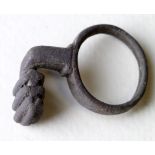 Ancient Roman (ca. 200 AD) bronze tumblers key ring; decorated front section; nice patina and