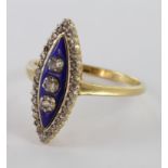 18ct Gold Diamond and blue enamel set Ring (tiny stone missing) size O weight 4.2g