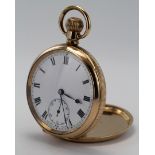 Gents gold plated open face pocket watch in the Dennison "Moon" case, the white 45mm dial with black