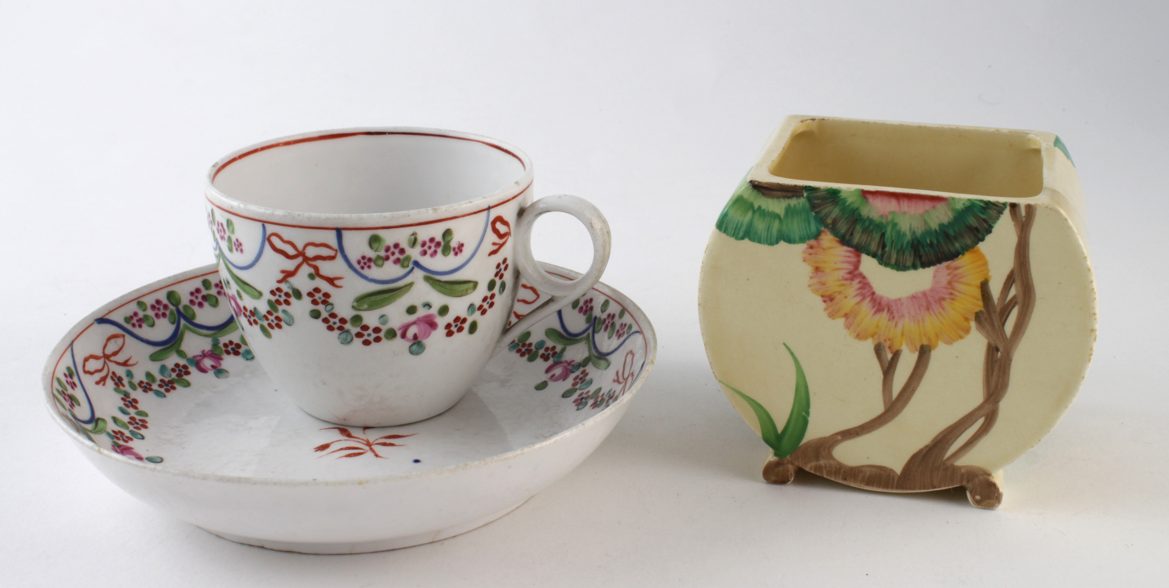 Cup & saucer, with hand painted decoration, circa 19th century, saucer diameter 14cm, together