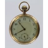 Gents 9ct gold open face pocket watch, (hallmarked Chester 1918), the white enamel dial with