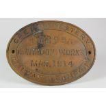 Great Western Railway Company tender plaque '1899 Swindon Works Mar. 1914 3500 Gallons', thought