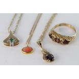 9ct gold Pendants on chains plus a garnet set Ring weight 11.4g