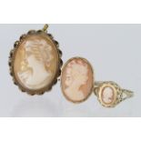 Two Cameo Rings and a Cameo pendant all in 9ct Gold settings weight 11.1 grams