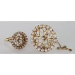 14ct Gold Diamond and Pearl Circular set Ring size R with matching Brooch weight 12.3g