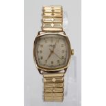 Gents 9ct cased Avia wristwatch, hallmarked Edinburgh 1954, on a non gold expandable bracelet. Watch