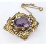 Yellow metal (tests 9ct) Amethyst set Brooch weight 6.2g