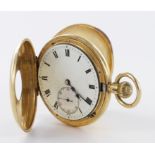 Gents 18ct gold cased half hunter pocket watch, hallmarked London 1900, the white dial with black