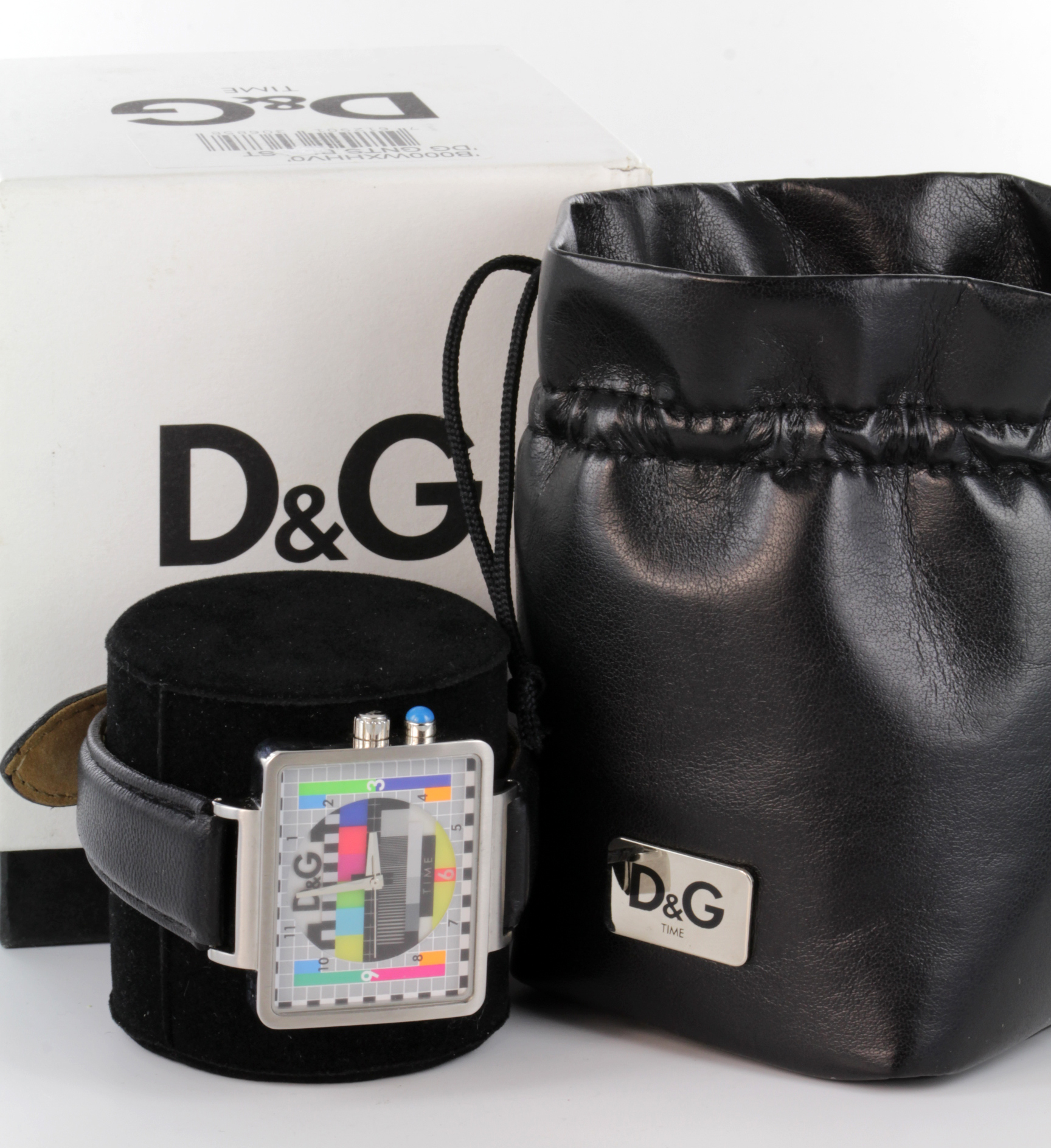 Boxed gents wristwatch by "D&G" with the dial depicting a TV test card, watch working when