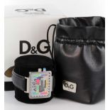 Boxed gents wristwatch by "D&G" with the dial depicting a TV test card, watch working when
