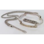 Silver. Three silver items, comprising a bangle marked 'Gucci', fob & chain, total weight 2.4 oz