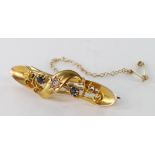 15ct Gold sapphire/Diamond Bar Brooch with safety chain weight 3.5g