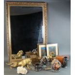 Large beveled mirror in decorative gilt frame, total size 96.5cm x 66cm approx., together with a