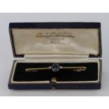 Yellow Metal (tests 14ct) Bar Brooch set with Sapphire and Diamonds weight 2.1g