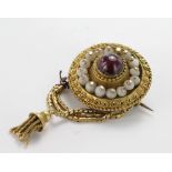 Yellow metal (tests 14ct) Hair memorial Brooch set with Pearls and cabochon Garnet with bell