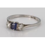 Platinum Ring set with Sapphire and two Diamonds size L weight 2.6g