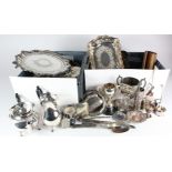Silver plate. A large collection of silver plated items, including trays, trophies, condiments,