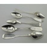 American mixed lot of five fiddle pattern silver teaspoons, various Makers and marks c.1830-1860.