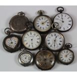 Nine fob / mid size silver cased pocket watches. all not working when catalogued