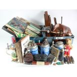 Miscellania. A collection of miscellaneous items, including ephemera, copper kettle, records,