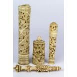 Two Chinese carved ivory needle cases & another carved ivory sewing item, largest case has damage to