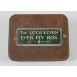 Tin containing fly fishing flies, circa mid 20th century, contained in a Loch Leven eyed fly box