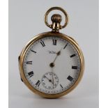 Gents 9ct cased open face pocket watch, hallmarked Birmingham 1915 . The white enamel dial with