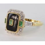 18ct gold Onyx/Diamond/Emerald Ring size N weight 5.7g