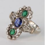 18ct white gold Ring set with Sapphire/Emeralds/Diamonds size L weight 5.5g