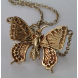 9ct Gold butterfly pendant, on a yellow metal chain necklace, pendant weight 4.8g approx.