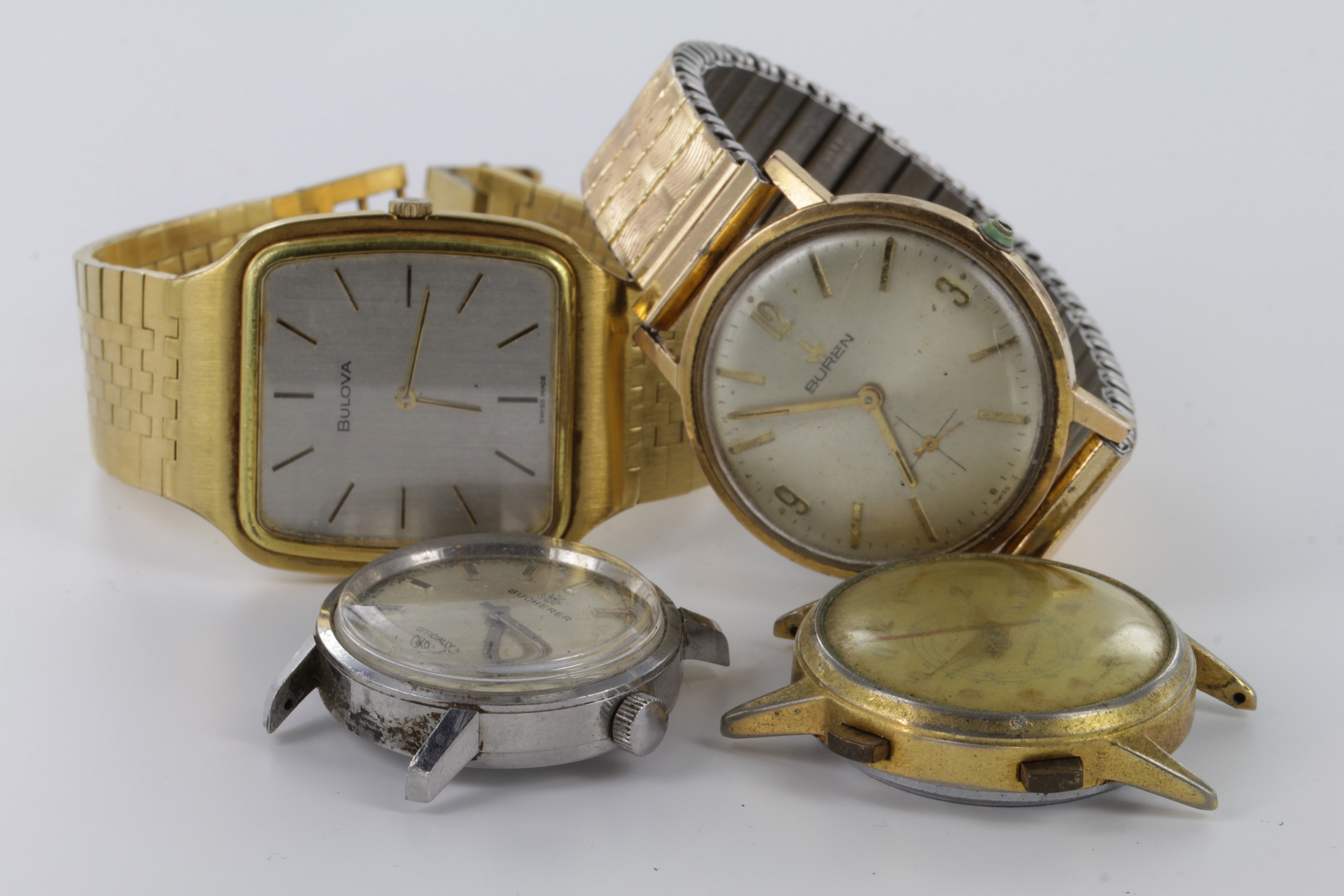 Assotment of four Gents wristwatches to include Bucherer, Bulova, Buren & Picas, all untested /