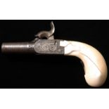 Ladies percussion cap purse pistol with white grips. Belgium proof marks to barrel, drop down