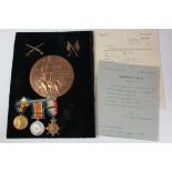 1914 trio with clasp memorial plaque with some original documents badges etc., to 6525 Pte James
