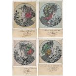 Art Nouveau, Four Seasons, various colours by F Sagnol, Geneva, rare   (4)