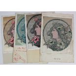 Art Nouveau, Ladys head in cobweb, different colours, French publisher, rare   (4)