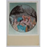 Art Nouveau, Four Ladies, one playing pipes, green background, French publisher, rare   (1)