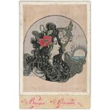 Art Nouveau, Two Ladies heads, sun setting, pink background, French publisher, rare   (1)