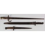 Bayonets inc Wilkinson 07 pattern, unit marked 'T 317 RE AA 60'. Plus a French Epee bayonet, these