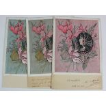 Art Nouveau, Ladys head in small circle with different colour flowers, French publisher, rare   (3)