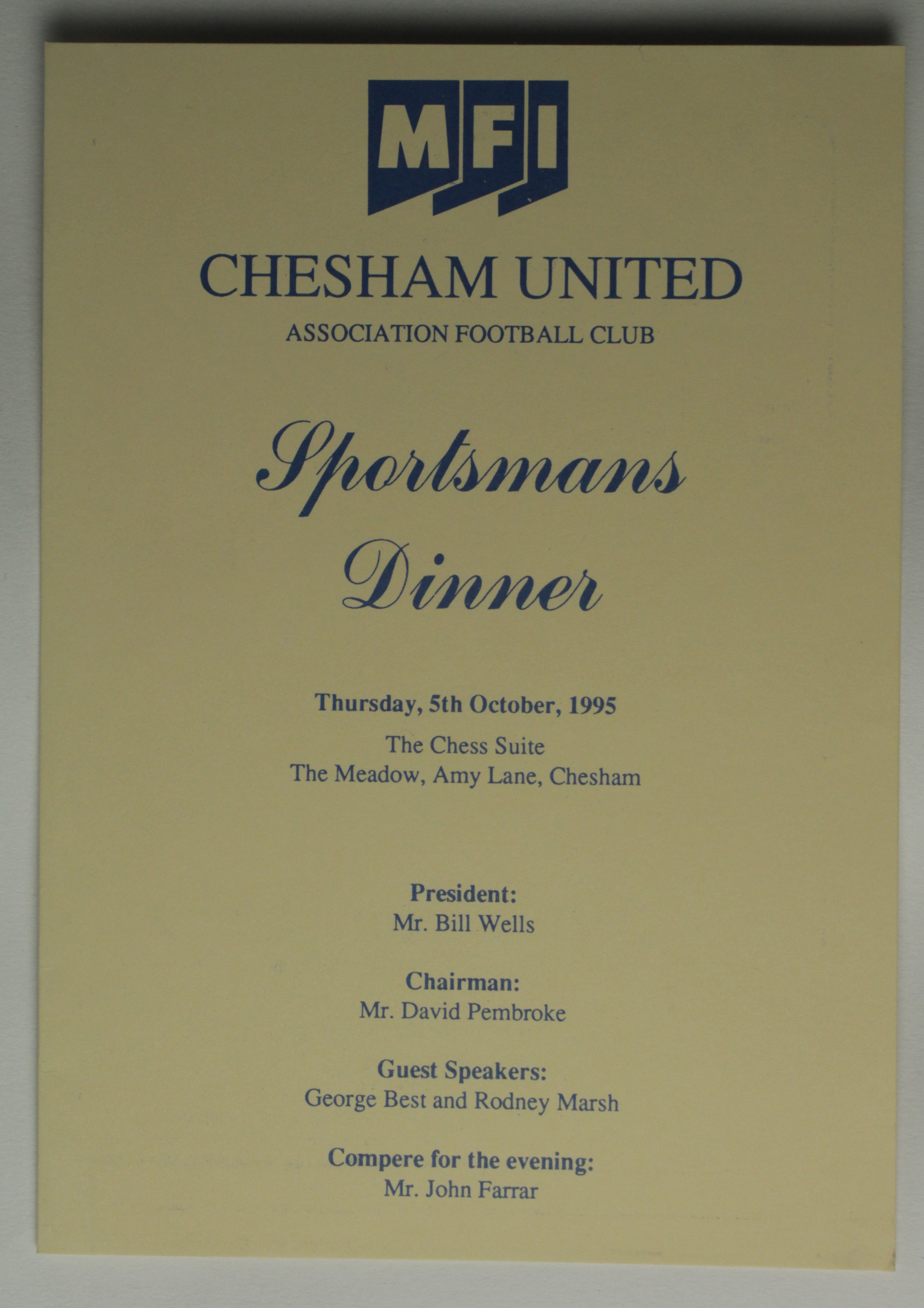 Chesham United Football Club Sportsman's Dinner on 5/10/1995. The guest speakers were George Best