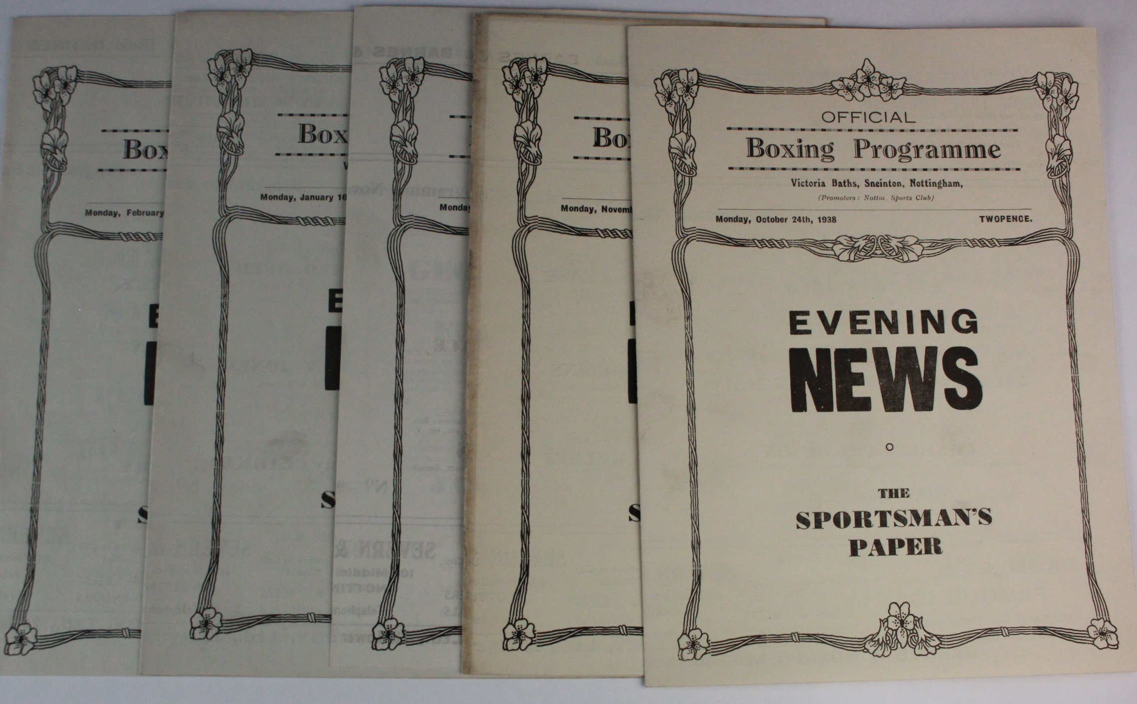 Boxing programmes - Victoria Baths, Sneinton, Nottingham. 24 Oct 1938, 7/11/1938, 21/11/1938, 16/1/