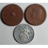 German Post-WWI tokens, 2x ceramic and 1 aluminium.