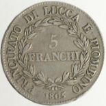 Italian State Lucca silver 5 Franchi 1805, KM# 24.2, Fine, scratches obv. field.