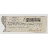GB, Early Lottery ticket signed by the Bank of Englands Chief Cashier Abraham Newland. dated 1793