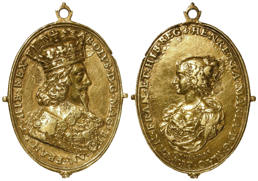 Charles I and Henrietta Maria, oval silver-gilt Memorial badge, their busts each side, with top