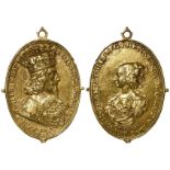 Charles I and Henrietta Maria, oval silver-gilt Memorial badge, their busts each side, with top