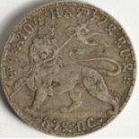 Ethiopia crown-size silver Birr EE1892, lion right leg raised, KM# 19, Fine.