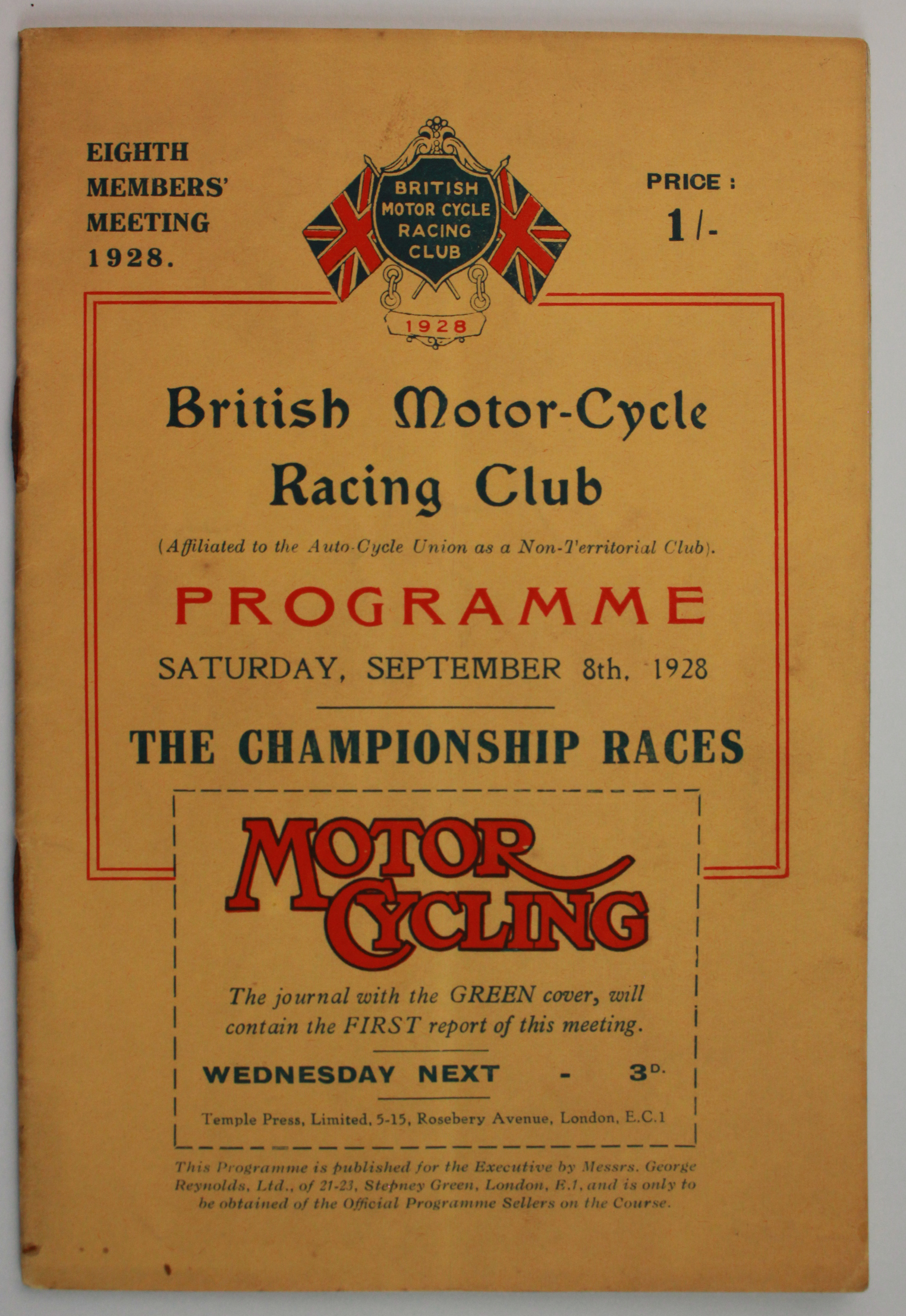 Brooklands British Motor Cycle Racing Club programme 8 September 1928