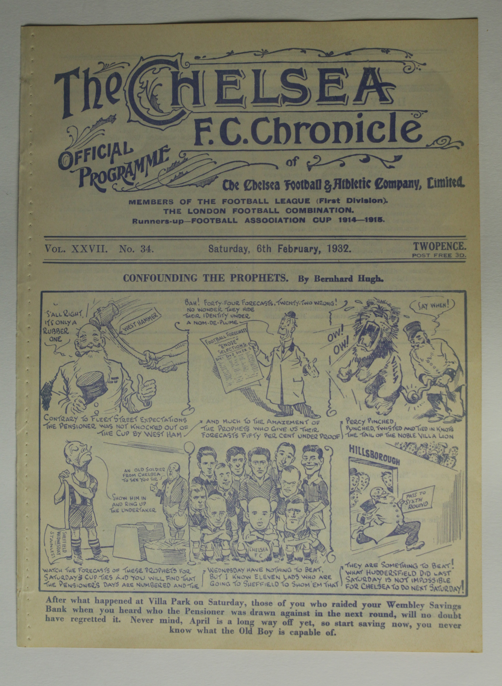 Chelsea v Leicester match played on 6/2/1932 in Division 1. Chelsea won 1 - 0