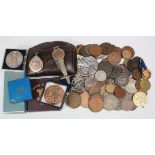 Interesting small box of various old coins and medallions, plus a silver Golfing Spoon (qty)